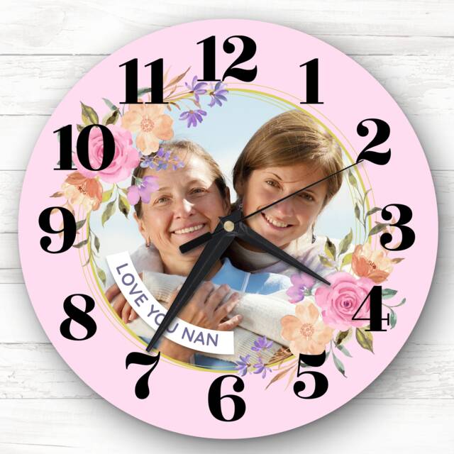 Nan Pink Flower Wreath Photo Personalised Gift Clock - image 1