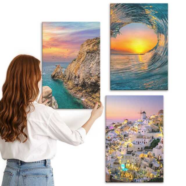 Canvas Set Of 3 - Views The Sea, Waves & White Houses in Santorini, Greece, Pink Photo Print, Landscapes Wall Decor - image 1
