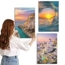 Canvas Set Of 3 - Views The Sea, Waves & White Houses in Santorini, Greece, Pink Photo Print, Landscapes Wall Decor - thumbnail 1