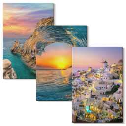 Canvas Set Of 3 - Views The Sea, Waves & White Houses in Santorini, Greece, Pink Photo Print, Landscapes Wall Decor - thumbnail 2