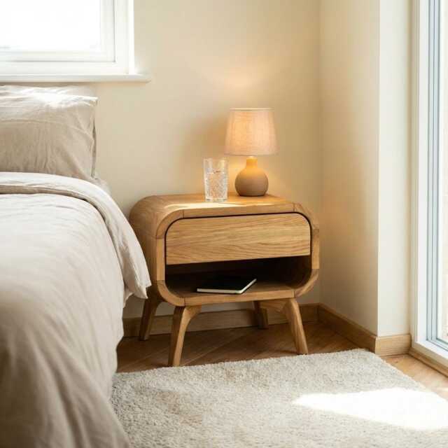 Pair Of Nightstands, Set Bedside Tables With Drawers & Shelf, Side Table, Solid Oak Bedroom Storage Scandinavian Art Deco Nachttisch - image 1