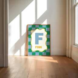 Boys Name, Initial Print, Retro Style Boys Bedroom, Nursery, Cool Kids Teen Prints, Checkerboard, Colourful Decor - thumbnail 1