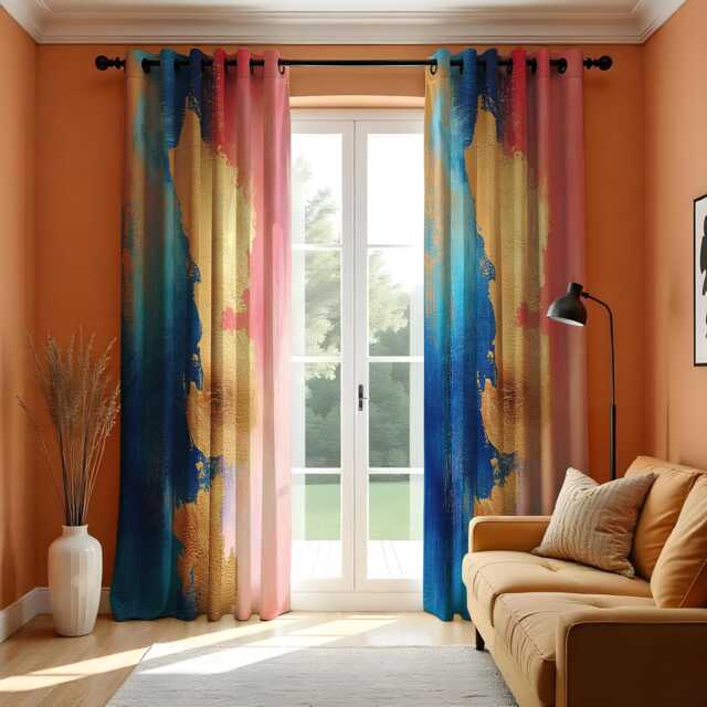 Abstract Pink, Blue & Mustard Curtain, Modern Window Treatment, Vibrant Brushstroke Drapes, Made To Order Boho Chic Drape Panels - image 1
