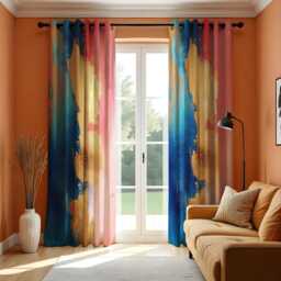 Abstract Pink, Blue & Mustard Curtain, Modern Window Treatment, Vibrant Brushstroke Drapes, Made To Order Boho Chic Drape Panels