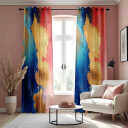 Abstract Pink, Blue & Mustard Curtain, Modern Window Treatment, Vibrant Brushstroke Drapes, Made To Order Boho Chic Drape Panels - thumbnail 2