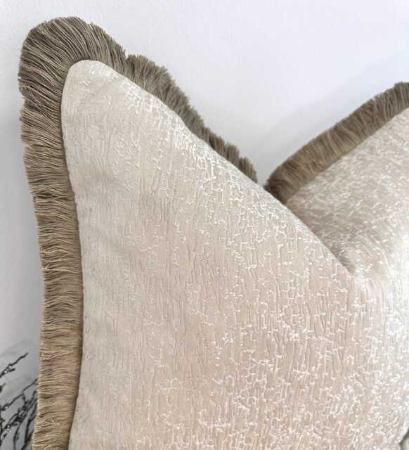 style No. 98 - Luxury Cream Sheen Textured Pillow Fringed in Deep Tan. Pillow Fringed Tan The Couture Cushion - image 1