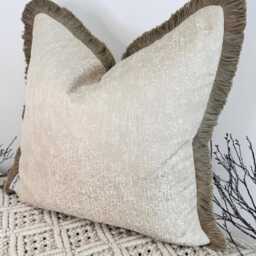 style No. 98 - Luxury Cream Sheen Textured Pillow Fringed in Deep Tan. Pillow Fringed Tan The Couture Cushion - thumbnail 3