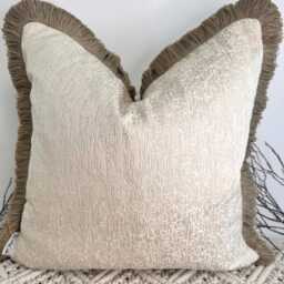 style No. 98 - Luxury Cream Sheen Textured Pillow Fringed in Deep Tan. Pillow Fringed Tan The Couture Cushion - thumbnail 2