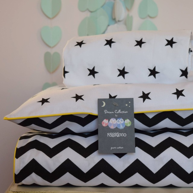 Monochrome Pure Cotton Cot Bed Duvet Cover Set & Fitted Sheet Black White Stars Chevron Nursery Yellow Piping - image 1