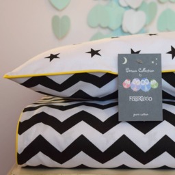 Monochrome Pure Cotton Cot Bed Duvet Cover Set & Fitted Sheet Black White Stars Chevron Nursery Yellow Piping - thumbnail 2