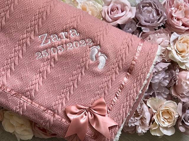 Personalised Baby Blanket Cable Knit Bow Footprints Embroidered Shower Newborn Gift New Boy Girl - image 1