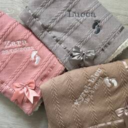 Personalised Baby Blanket Cable Knit Bow Footprints Embroidered Shower Newborn Gift New Boy Girl - thumbnail 2