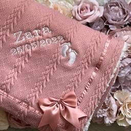 Personalised Baby Blanket Cable Knit Bow Footprints Embroidered Shower Newborn Gift New Boy Girl - thumbnail 2