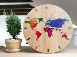 Large Wall Clock - Oak 13 in World Map Clock Wood Colorfull Modern Geometric Wall Art Unique