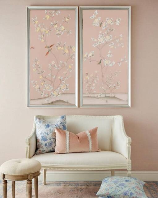 Hand-Painted Chinoiserie Floral Panels Pink Birds, Silk Wallpaper - 24x48 - image 1