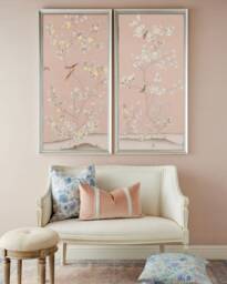 Hand-Painted Chinoiserie Floral Panels Pink Birds, Silk Wallpaper - 24x48 - thumbnail 1