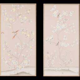 Hand-Painted Chinoiserie Floral Panels Pink Birds, Silk Wallpaper - 24x48 - thumbnail 2