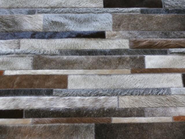 Handmade Cowhide Patchwork Rug Gray, Brown & Taupe Stripes - image 1