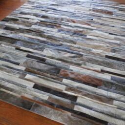 Handmade Cowhide Patchwork Rug Gray, Brown & Taupe Stripes - thumbnail 2