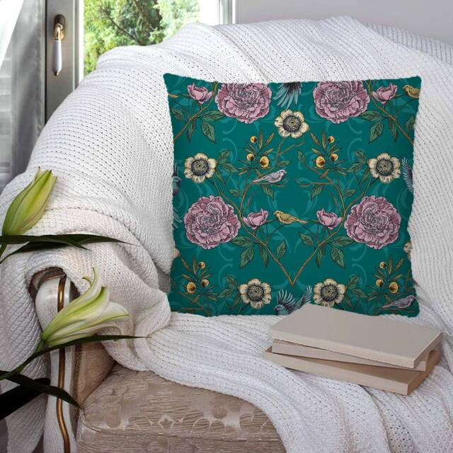 Blue Bird Larger Flowers Pattern - Bright Colourful Super Soft Decorative Pillow Throw Cushion, Case Cover Or With Filling Luxury Velvet