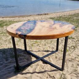 Sofa Table Coffee Round Led Flower Design Epoxy Resin Artwork Color Black - thumbnail 2