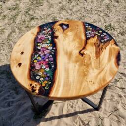 Sofa Table Coffee Round Led Flower Design Epoxy Resin Artwork Color Black - thumbnail 3