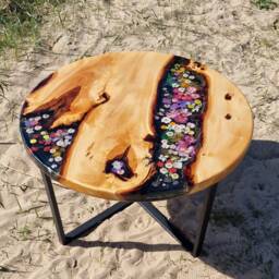 Sofa Table Coffee Round Led Flower Design Epoxy Resin Artwork Color Black - thumbnail 1