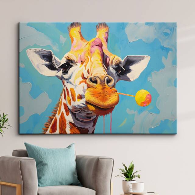 Colorful Giraffe Lollypop Meeting Abstract Oil Painting Style Wall Art, Framed Canvas Poster Print, Home Kitchen Office Room Decor, Gifts - image 1
