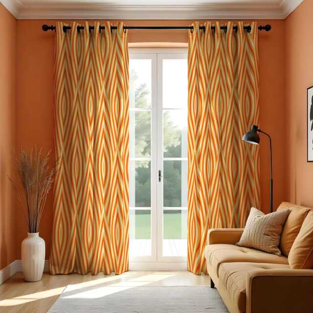 Orange Retro Curtains, Mid Century Geometric Pattern Custom Made Drapes, Eyelet Or Rod Pocket Panels - image 1
