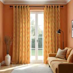 Orange Retro Curtains, Mid Century Geometric Pattern Custom Made Drapes, Eyelet Or Rod Pocket Panels