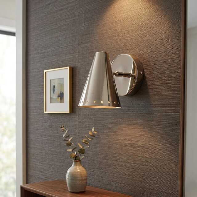 Mid Century Modern Brass Cone Fixture Wall Sconce, Polished Chrome Light - image 1