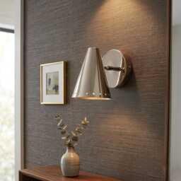 Mid Century Modern Brass Cone Fixture Wall Sconce, Polished Chrome Light - thumbnail 1