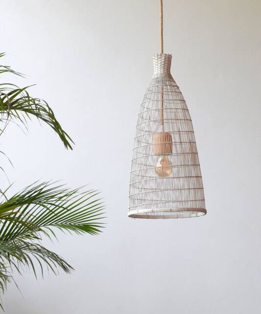 White Bamboo Pendant Light, Handwoven Basket Lamp, Boho Rustic Lighting - image 1