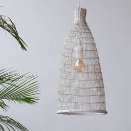 White Bamboo Pendant Light, Handwoven Basket Lamp, Boho Rustic Lighting - thumbnail 2