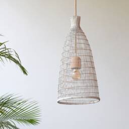 White Bamboo Pendant Light, Handwoven Basket Lamp, Boho Rustic Lighting - thumbnail 4