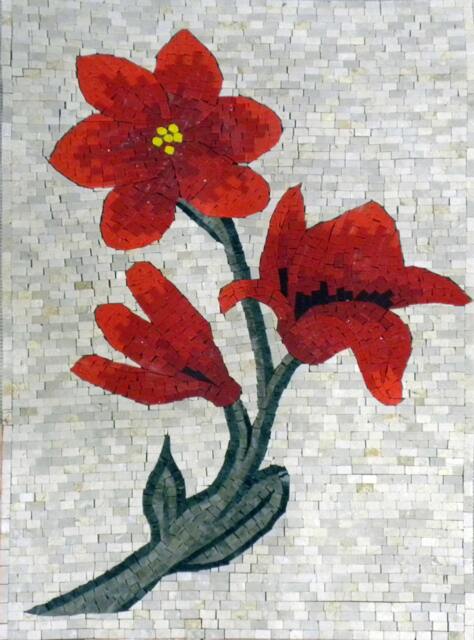 Red Flowers Marble Mosaic Handmade Floral Wall Art - 18 X 24 Inch