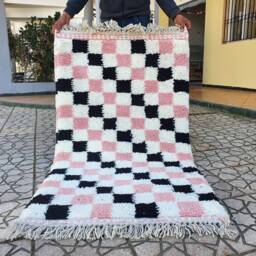 Checkered Rug Wool Hand Woven Genuine Moroccan Beni Ourain Carpet Soft Shag Artistic Oriental Checker Moroccan Rug - thumbnail 2