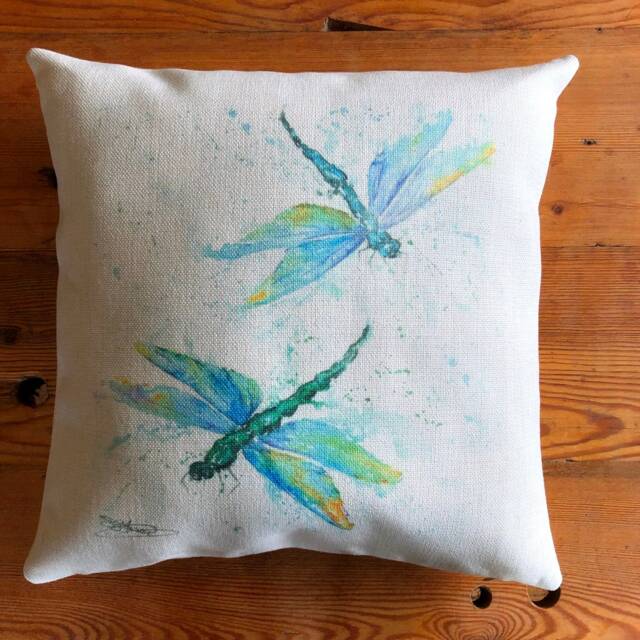 Dragonflies Blue Cushion Cover, Wildlife Art Cushion, Dragonfly Watercolour Textile Print, Linen Look, Pillow 16Inch - image 1