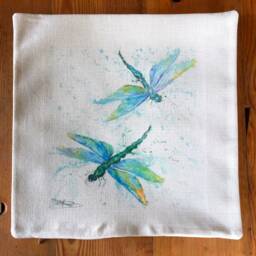 Dragonflies Blue Cushion Cover, Wildlife Art Cushion, Dragonfly Watercolour Textile Print, Linen Look, Pillow 16Inch - thumbnail 2