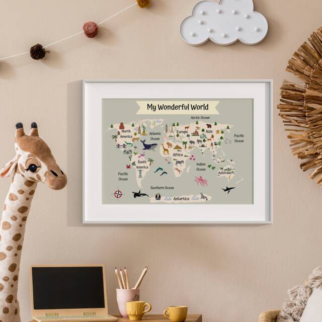 Animal World Map Poster Print, Kids Wall Art, Room, Safari Nursery Prints, Playroom Map, Art 406