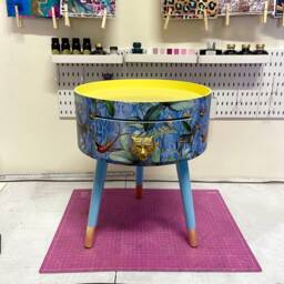 Round Primrose Yellow & Baby Blue Zebra Side Table, Leaf Tropical Design Nightstand With Drawer . Quirky Fun Table - thumbnail 1