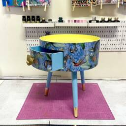 Round Primrose Yellow & Baby Blue Zebra Side Table, Leaf Tropical Design Nightstand With Drawer . Quirky Fun Table - thumbnail 2