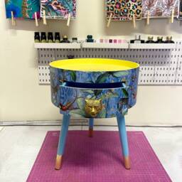 Round Primrose Yellow & Baby Blue Zebra Side Table, Leaf Tropical Design Nightstand With Drawer . Quirky Fun Table - thumbnail 4