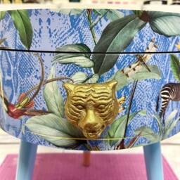 Round Primrose Yellow & Baby Blue Zebra Side Table, Leaf Tropical Design Nightstand With Drawer . Quirky Fun Table - thumbnail 3