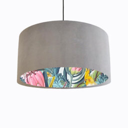 Light Grey Velvet Lampshade With Blush Parrot Lining, Large Ceiling Lightshade