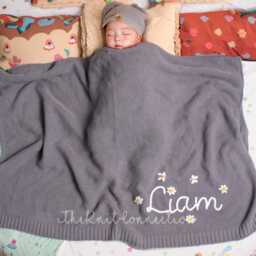 Personalized Embroidered Name Knit Baby Blanket, Soft Cotton Custom Newborn Swaddle, Crib Stroller - thumbnail 4