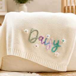 Personalized Embroidered Name Knit Baby Blanket, Soft Cotton Custom Newborn Swaddle, Crib Stroller - thumbnail 3
