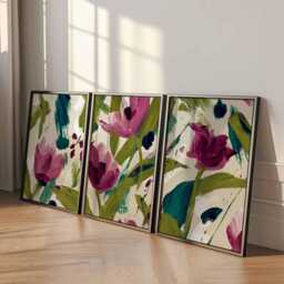 Abstract Floral Wall Art Prints Set Of 3, Bold Purple & Green Brushstroke Flower Posters, Modern Contemporary Artwork For Home Decor - thumbnail 2