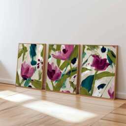 Abstract Floral Wall Art Prints Set Of 3, Bold Purple & Green Brushstroke Flower Posters, Modern Contemporary Artwork For Home Decor - thumbnail 1