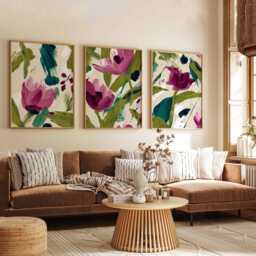Abstract Floral Wall Art Prints Set Of 3, Bold Purple & Green Brushstroke Flower Posters, Modern Contemporary Artwork For Home Decor - thumbnail 3